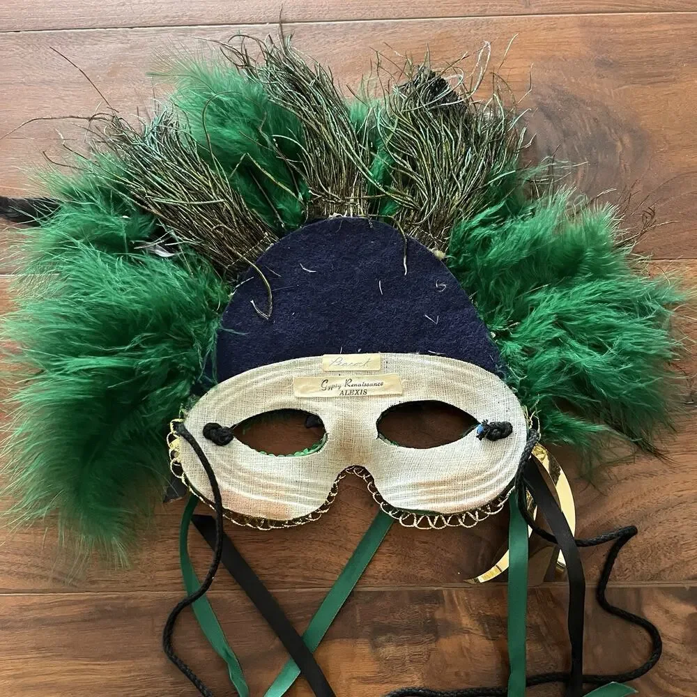 Vintage Gypsy Renaissance Handcrafted Peacock Feather Mask Alexis Green/Blue